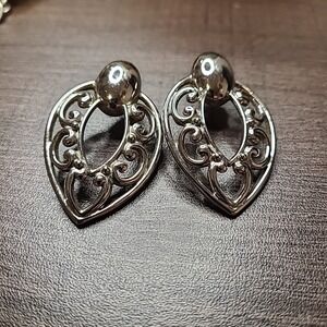 Silver Tone Earrings Ornate Openwork Filigree Dangle Drop Pierced